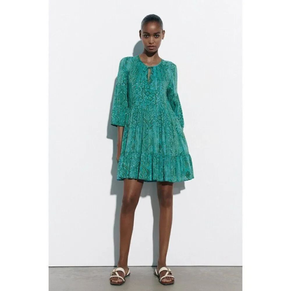 Zara Womens Mini Dress L Green Metallic Thread Dotted Mesh Tiered 2587/055 NWOT